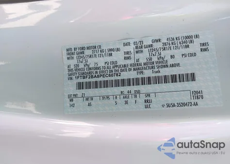 2023 Ford F-250 Xl из США, поврежденный, VIN 1FTBF2BA8PEC60782